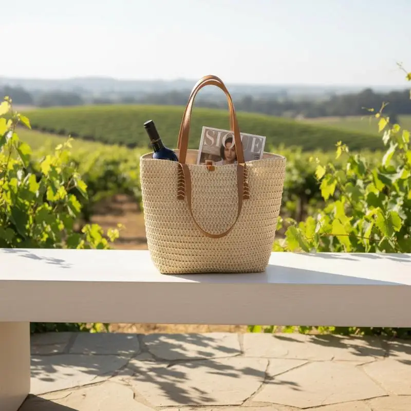 1 Stück Böhmische Sommermode Stroh-Strandtasche Handgewebte Damen-Schulterhandtasche Reise-Shopper Gewebte Einkaufstaschen – Detail 2