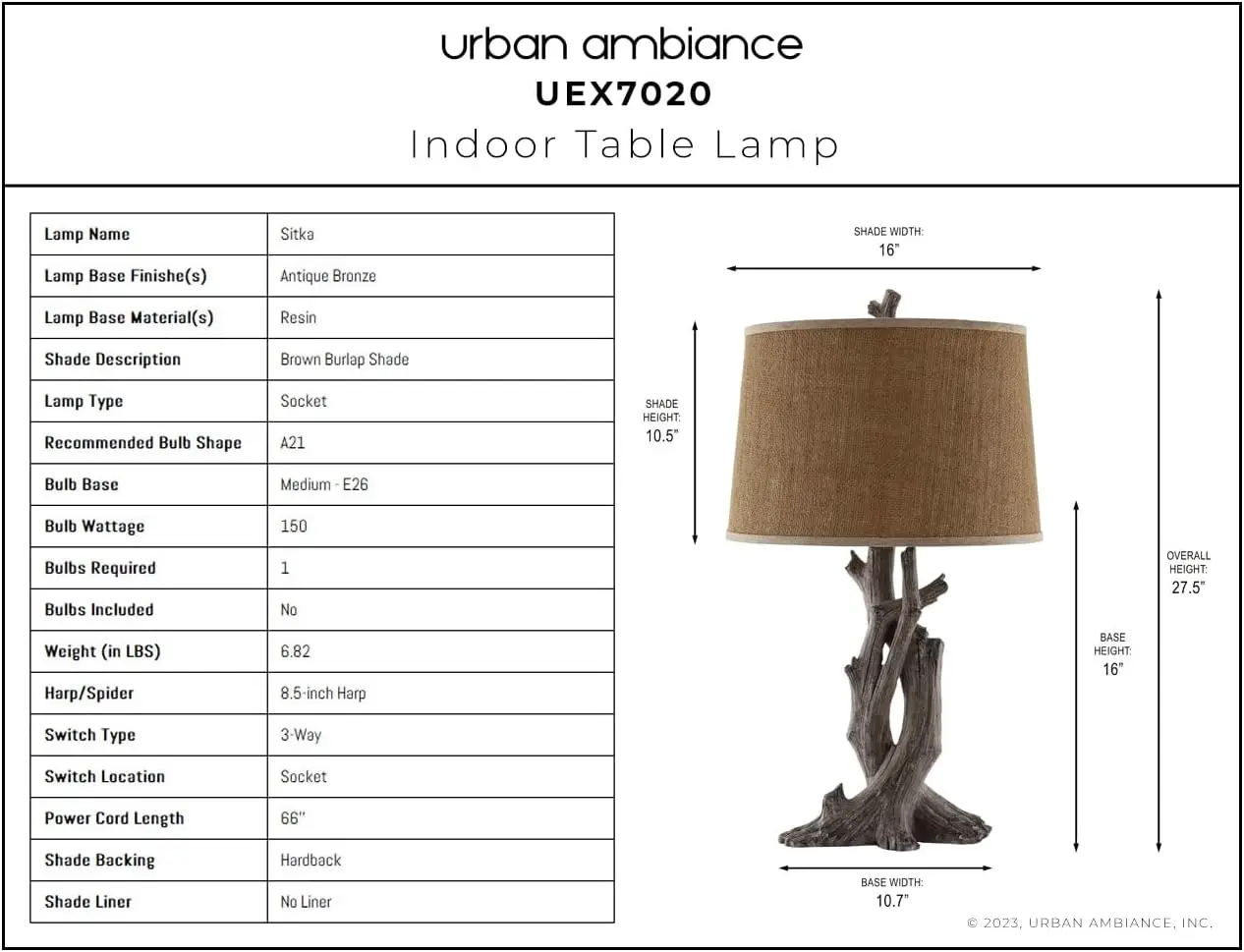 Luxury Organic Table Lamp, 16''W x 16''D x 27.5''H, with Rustic Elements, Antique Bronze Finish and a Brown Burlap Shade,