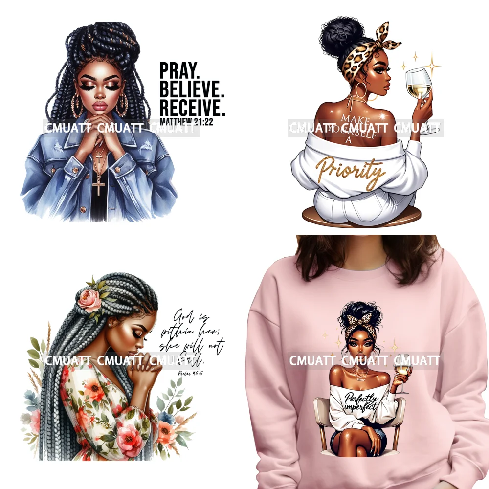 

Praying Black Women Faith African Girls Wine Self Love Lady Iron on DTF Washable Transfers Stickers Ready to Press for T-shirts