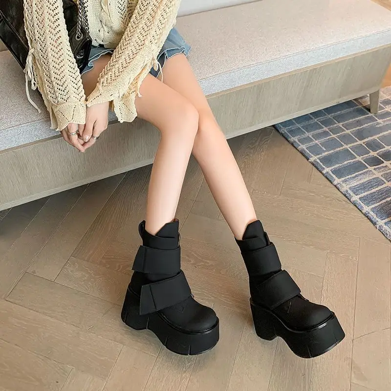 Women's White Platform Ankle Boots Fashion High Heel 8cm Short Boots for Girls Design Big Head Hook&Loop Trend Female Shoes view 5