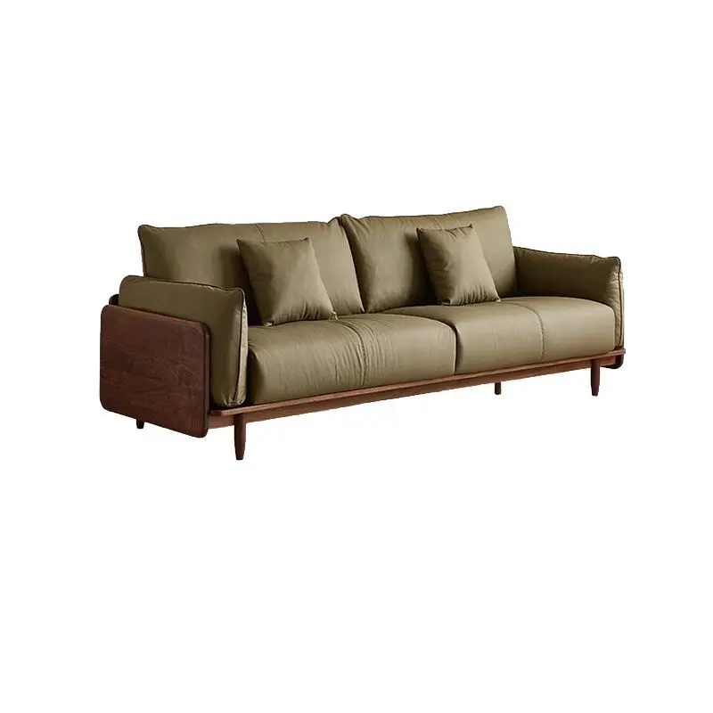 Nordic solid wood sofa, straight row small apartment walnut living room leather sofa is simple