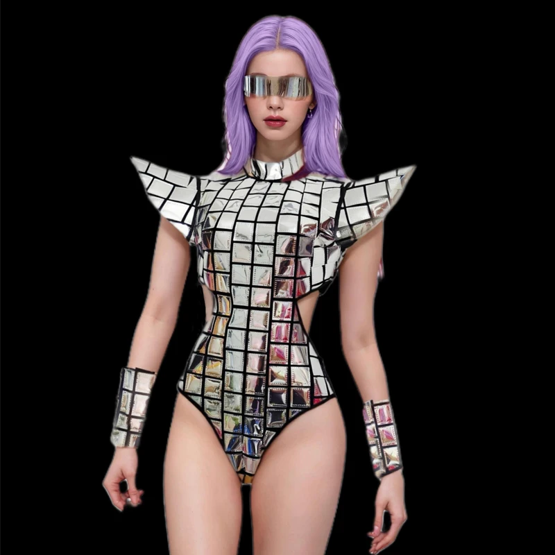 テックスタイル ゴーゴーダンサー コスチューム シルバー フライングショルダーミラー ボディスーツ レディース ポールダンス ウェア バー DS DJ ステージ レイブ クラブウェア