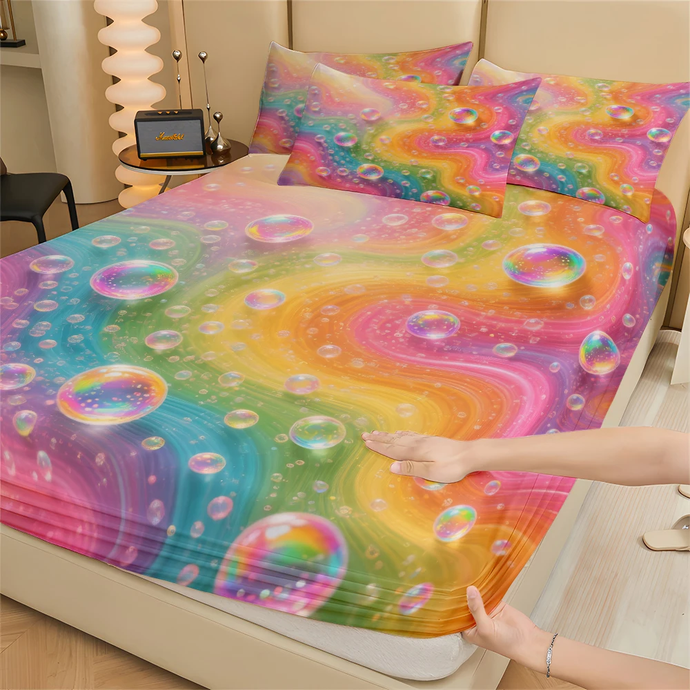 Fitted Sheet Set with Rainbow Candy  Color Pattern Soft Breathable Beding Set-Fitted Sheet with Pillowcase for Home Decor 01