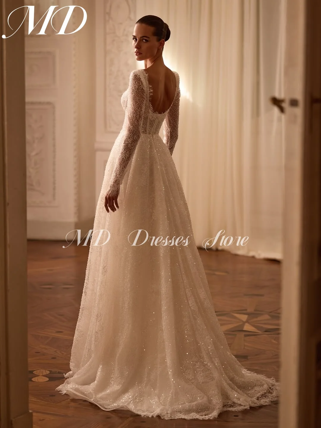 MD New Exquisite A-line Wedding Dress Square Collar Sparkly Lace Floor-Length Bridal Gown Gloves Customized vestidos de novia