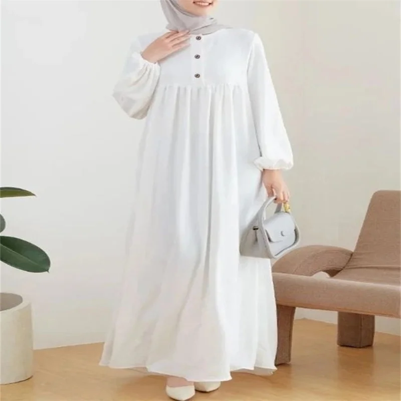 New Ramadan Islamic Arab Muslim Women's Robe Spring and Autumn Luxury Fashion Casual Bubble Sleeve Simple Solid Color Dress