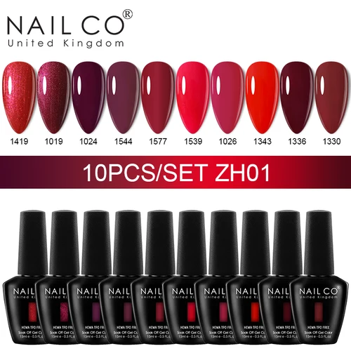 Imagen 1 del producto NAILCO - Set de 10 Esmaltes de Uñas en Gel de Color, Sin HEMA ni TPO, Esmalte Híbrido, Arte de Uñas, Manicura, Esmalte de Gel, Barniz Semipermanente, Gel UV
