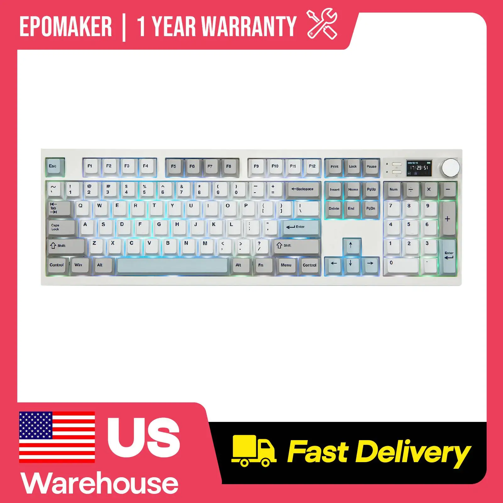 EPOMAKER QK108 100% Full-Sized Layout Gasket Tri-Mode Wireless Mechanical Keyboard with LED Mini Screen & Custom Animated GIFs