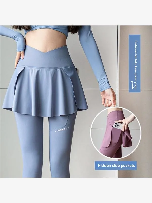 High Waist Yoga Pants Women's Fashion Outerwear Shark Skin Pattern Pencil Skirt Two-Piece Look Slimming plus Size Base Layer