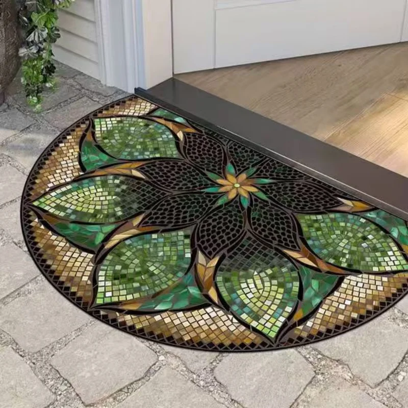 VIKAMA Half Round Mosaic Lotus Doormat Non Slip Weather Resistant Green Floral Floor Mat Vintage Garden Front Door Entryway Rug