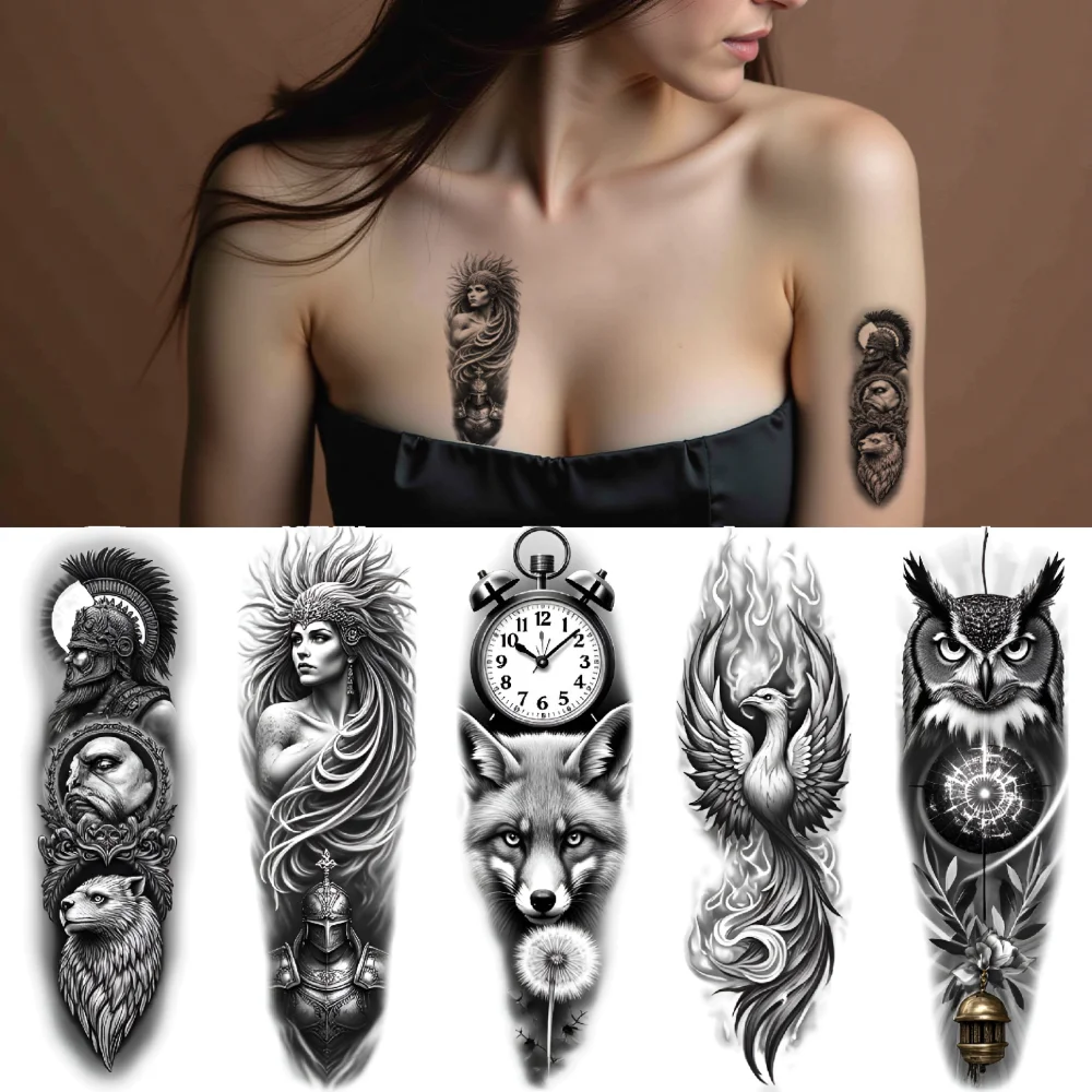 

12pcs Temporary Tattoo Owl Realistic Temporary Tattoos Clock Snake Black And Grey Realism Wolf For Adult Thigh Arm