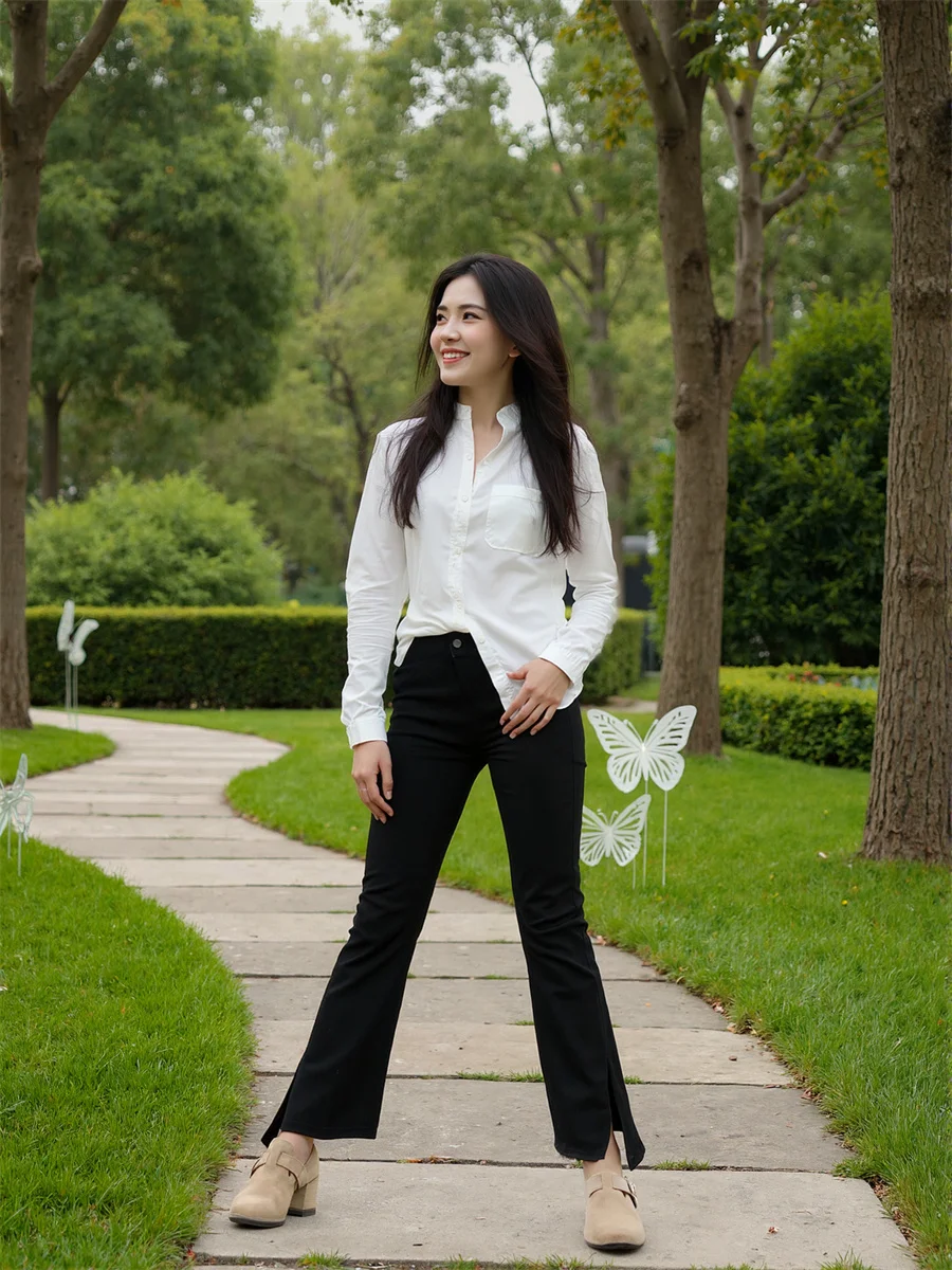 Pantalones vaqueros ajustados con dobladillo acampanado para mujer, pantalón informal, holgado, de cintura alta, a la moda, color negro cielo, ropa de calle cómoda para verano