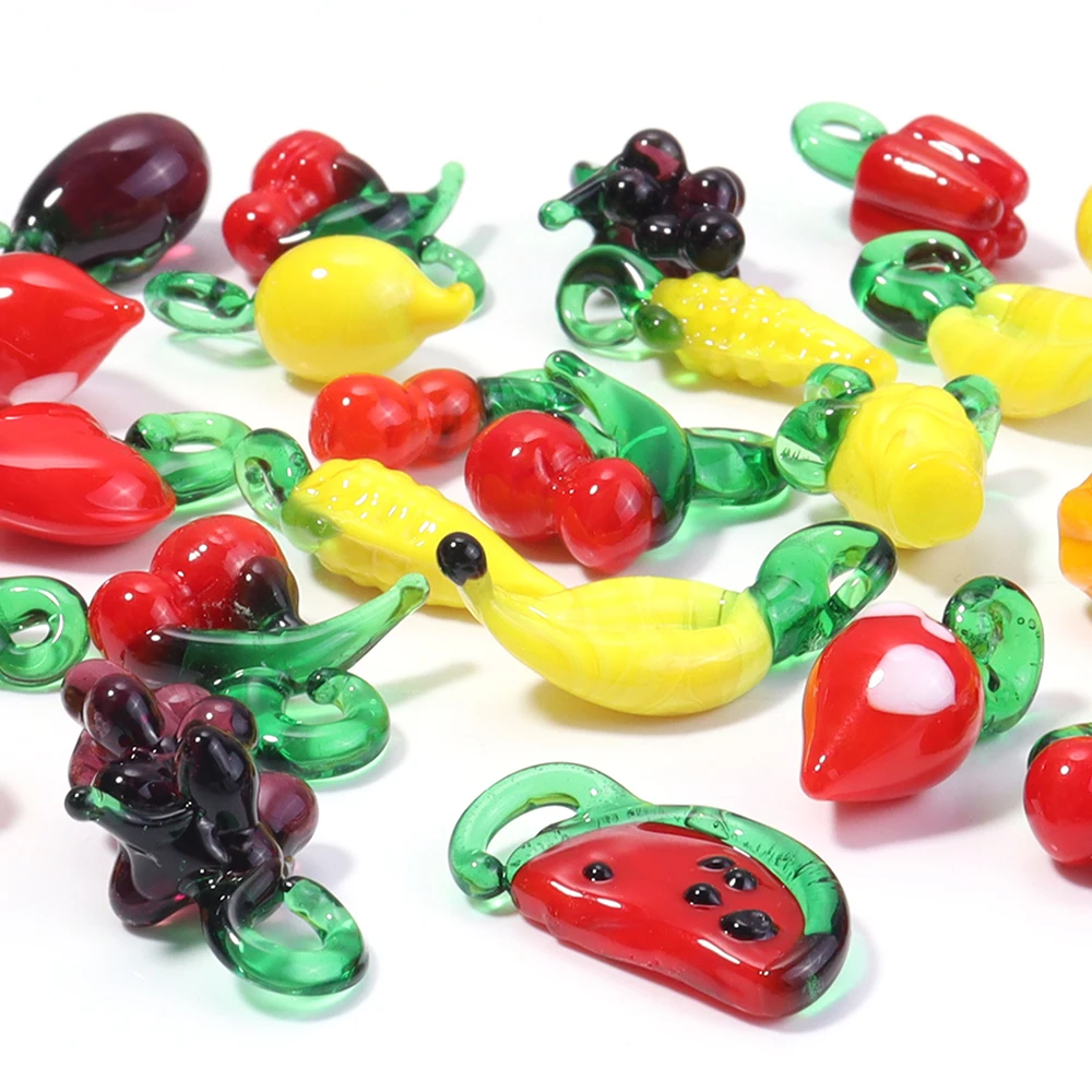 5pcs/lot Fruit Vegetable Glass Charms Pendant Chili Peppers Strawberry Cherry Pendant For DIY Jewelry Making Necklace Earrings
