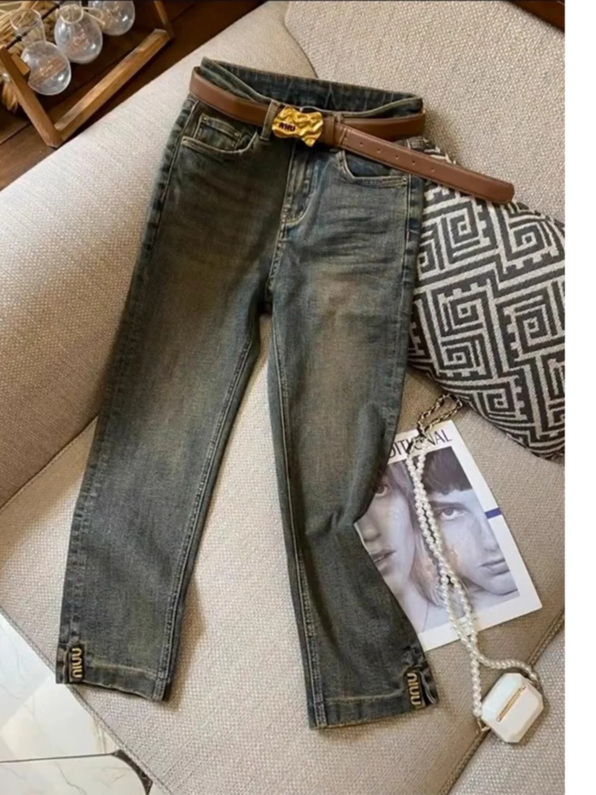 

Джинсы женские с высокой талией, прямые, маленький размер, дизайн для ранней осени, модные, укороченные, из хлопкового стрейч-денима