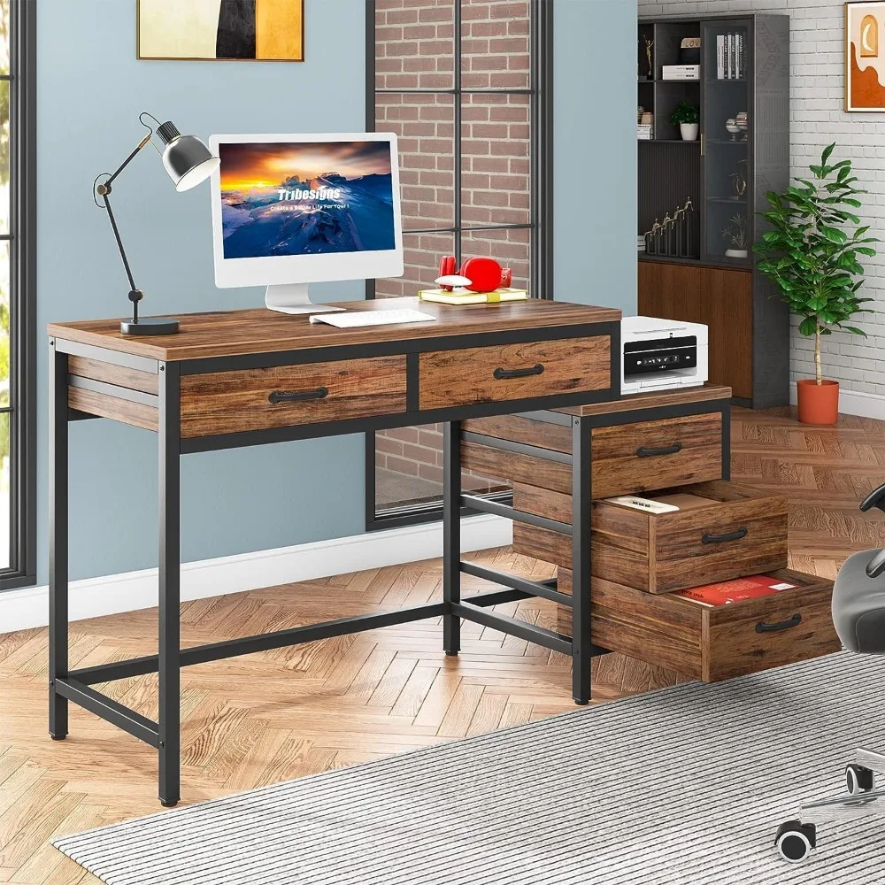 Computer Desk with 5 Drawers, Home Office Desks with Reversible Drawer Cabinet Printer Stand