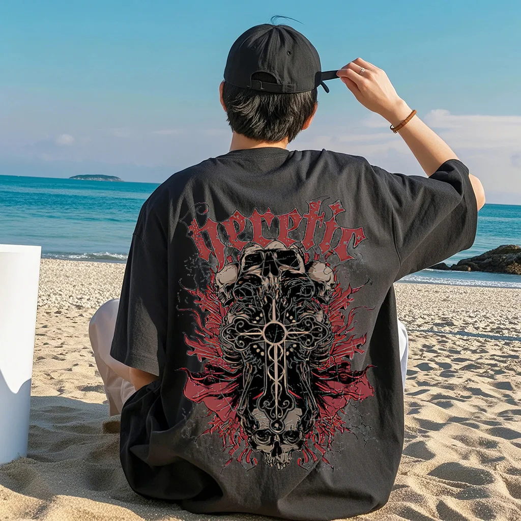 ホラースカルヴィンテージオールドTシャツダブルプリントヒップホップ半袖TシャツフロントバックカジュアルストリートプラスサイズTシャツユニセックス