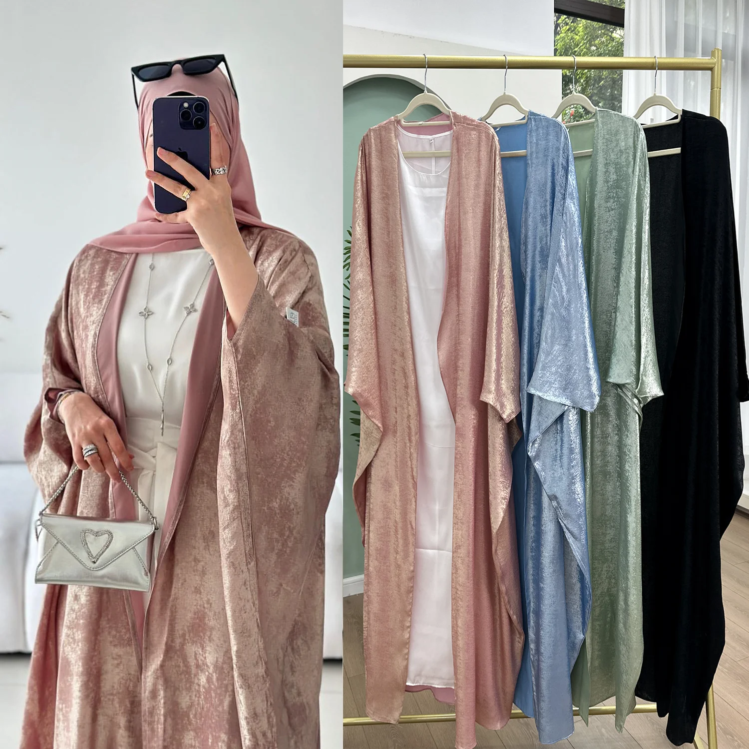 Sharut Wholesale Dubai Abaya 2024 Turkish Modest Kaftan Kimono Elegant Bat Sleeve Women Muslim Dress Shining Sparkly Satin Abaya