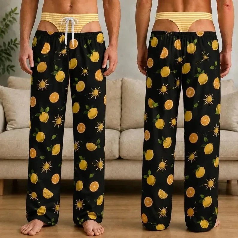 Fun Men's Summer Casual Pants Black Bottom Lemon Citrus Sun Full Screen Printed Back Hip Flip Fun Casual Loose Pants