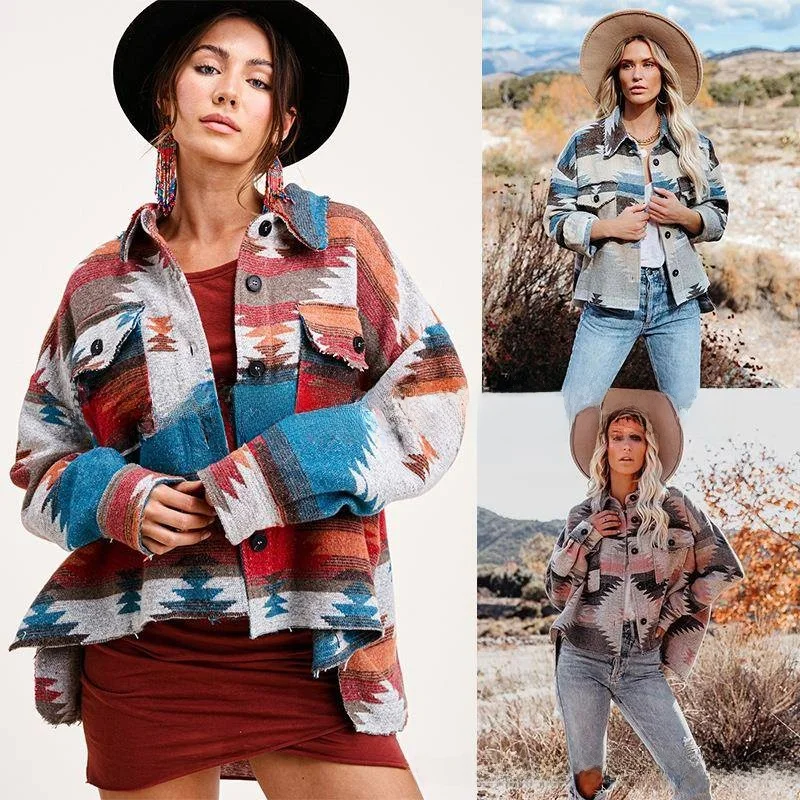 

Шерстяная куртка с разноцветным геометрическим принтом, женская осенне-зимняя винтажная свободная верхняя одежда в этническом стиле, длинное пальто све