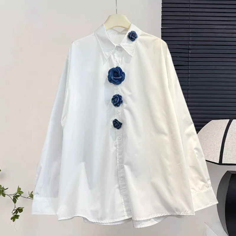 

New niche flower pattern heavy-duty loose fitting shirt for women