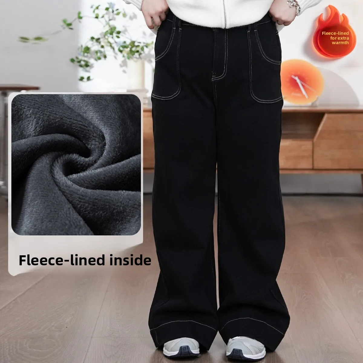 

High Waist Fce Lined Caramel Denim Bla plus Size Women's Jeans Comfortable Straight Leg Casual Polyester Fiber