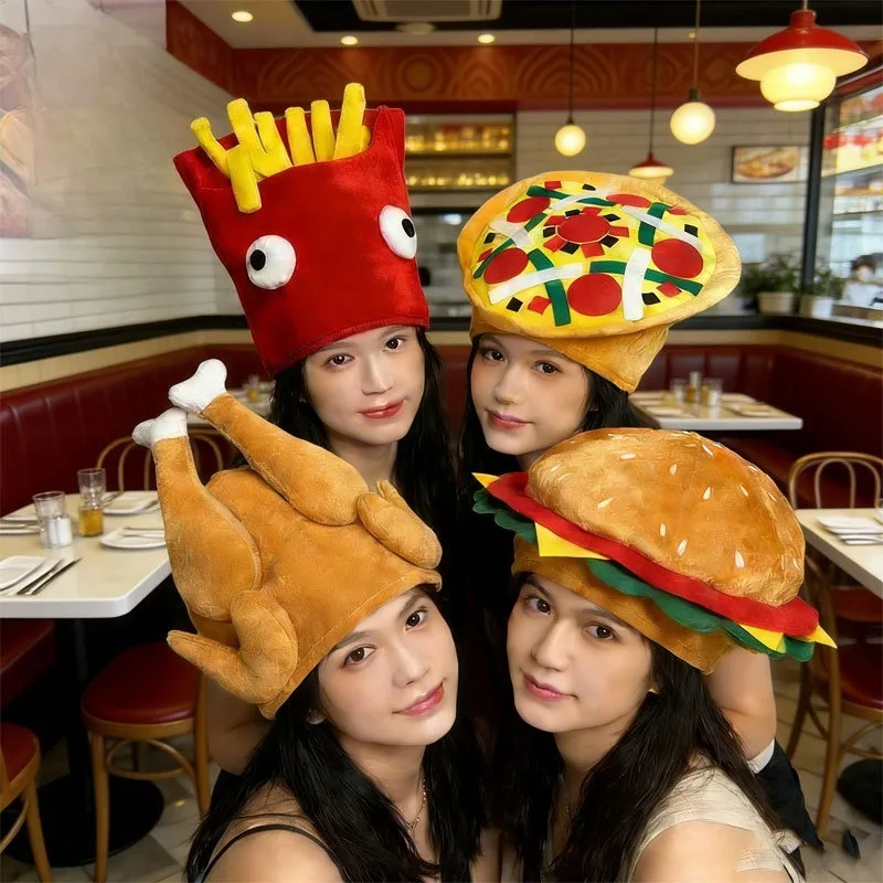 Sombrero de Halloween para fotos, con forma de hamburguesa, pizza, patatas fritas, pierna de pollo asado, accesorio de cosplay para fiestas y Acción de Gracias