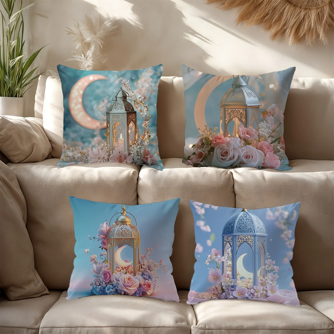 

Pastel Lantern & Crescent Pillowcase: Delicate Islamic-Themed Cushion Cover for Soft Enchanting Home Sofa Decor