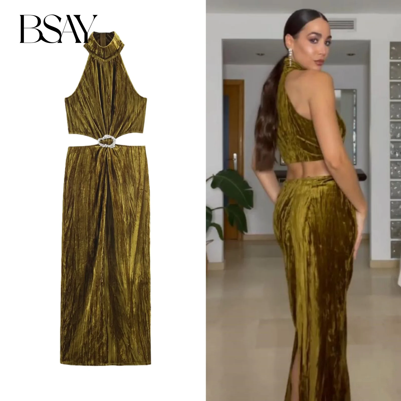 BSAY Samtkleid Damenbekleidung Herbst Winter neuer Stehkragen Schmuck eingelegt sexy Öffnung Chic Female France Abendkleider