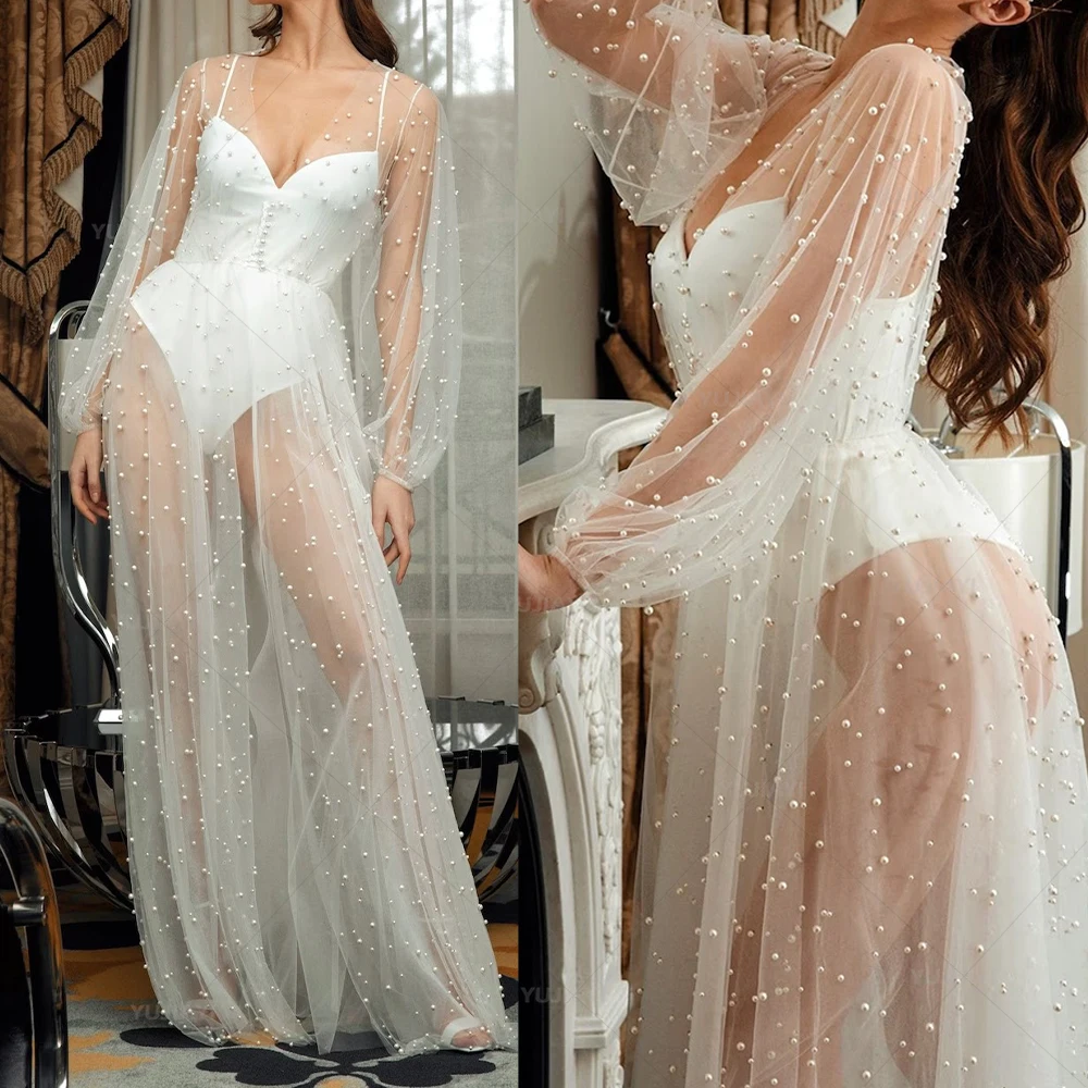 

Pearl Bridal Dress Tulle Sheer Long Wedding Party Prom Gowns Women Robe Bridal Shower Boudoir Sleepwear Nightgown Bathrobe