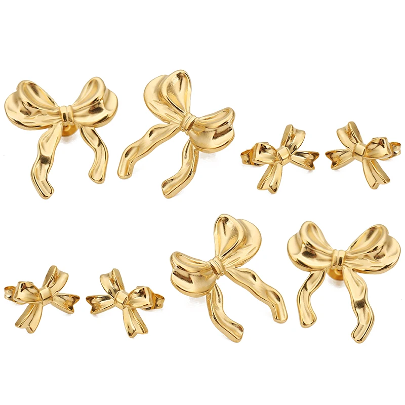 6pcs/lot Stainles Steel PVD Plating Gold Color Waterproof Bow Stud Earrings for Women Fashion Luxury Jewelry Female Earrings