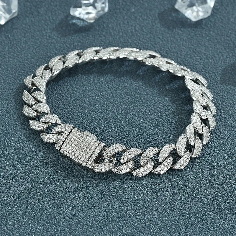 FEOBUR 8mm Full Moissanite Cuban Link Bracelet for Man Women 925 Sterling Silver Hip Hop Tennis Bracelets Party Jewelry GRA