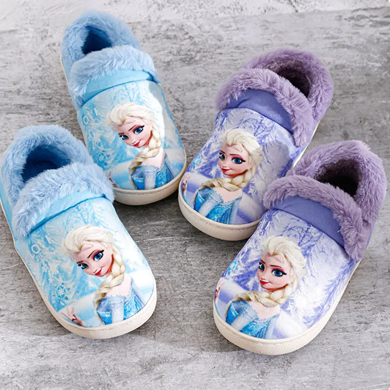 Disney Children Cotton Slippers Kids Girls Cartoon Frozen Elsa Print Autumn Winter Warm Princess Baby Indoor Bedroom Home Shoes