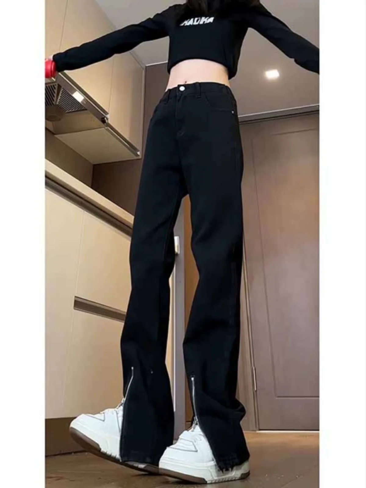 

Bla High Waist Men's Jeans Zipper Slimming Long Leg Effect Autumn Winter Street Sle Vibe Straight Leg Trousers