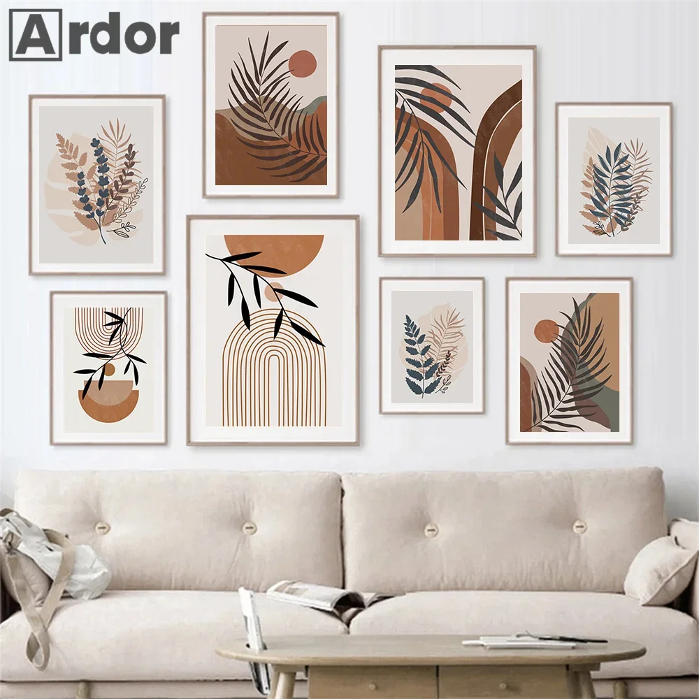 

Boho Leaf Canvas Painting Abstract Brown Geometry Plant Sun Poster Modern Line Wall Art Print Pictures Living Room Home Decor