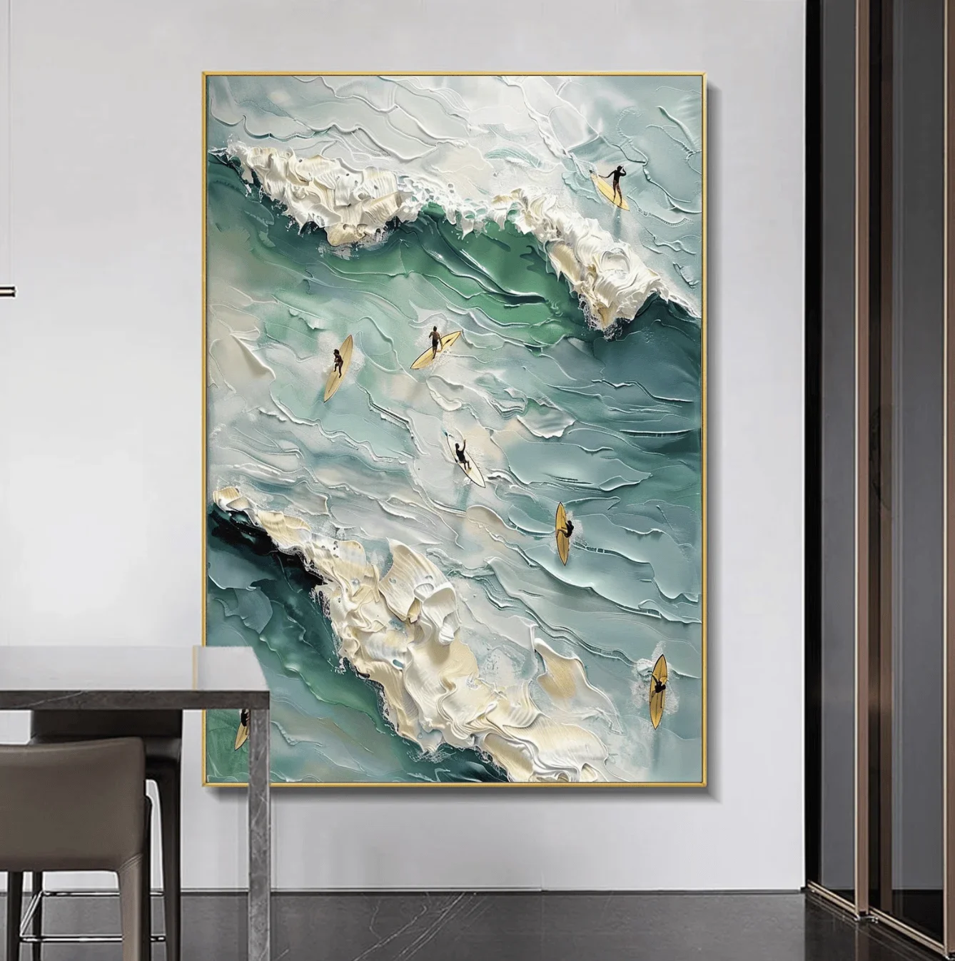 1pc frameless Canvas Painting Thick Texture Ocean Surfer Wall Art Canvas Prints Posters Decor, Green Wave Seascape Art for Livin