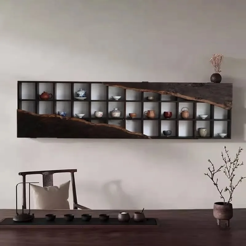 Wabi-Sabi Solid Old Elm Wood Bogu Rack, Wall Mounted Multi-Tier Display Shelf, Teacup Storage Duobao Pavilion for Tea Room