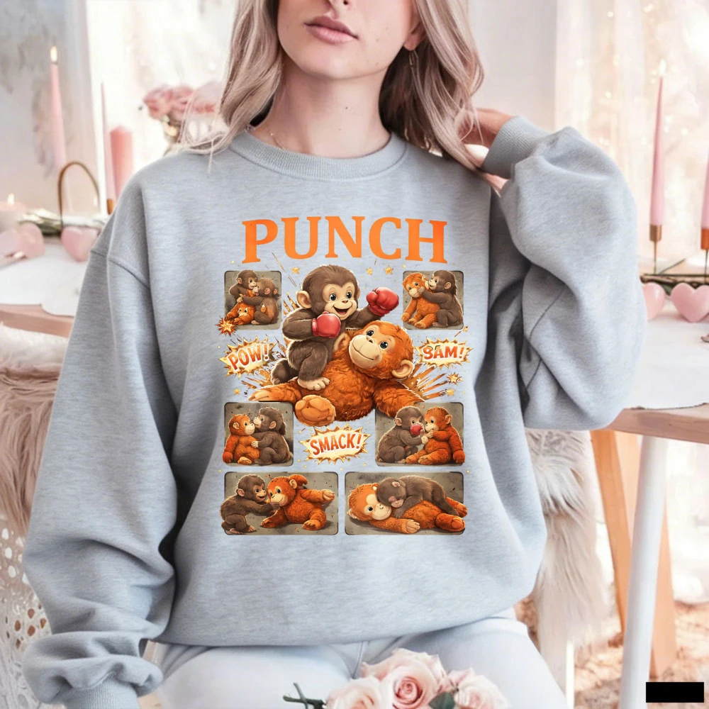 Sudadera Vintage con Diseño de Collage de Monos Boxeadores, Efectos de Sonido PUNCH, COMIC BOOK, POW, SMACK, Ropa Casual Moderna, Estilo Deportivo y Divertido