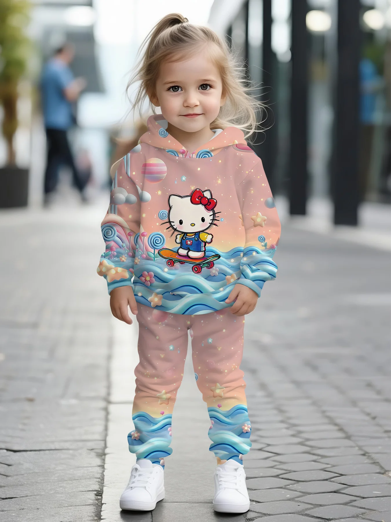 

Комплект лицензированного свитера и повседневных брюк Sanrio для девочек с принтом Hello Kitty, удобный и мягкий детский комплект свитера