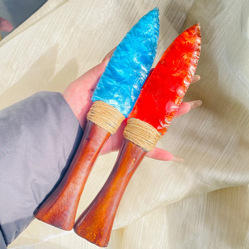 Handcrafted Blue & Red Cat Eye Crystal Knife 1pc with Wooden Handle Unique Raw Uncut Stone Home Decor Versatile Indoor Outdoor view 4