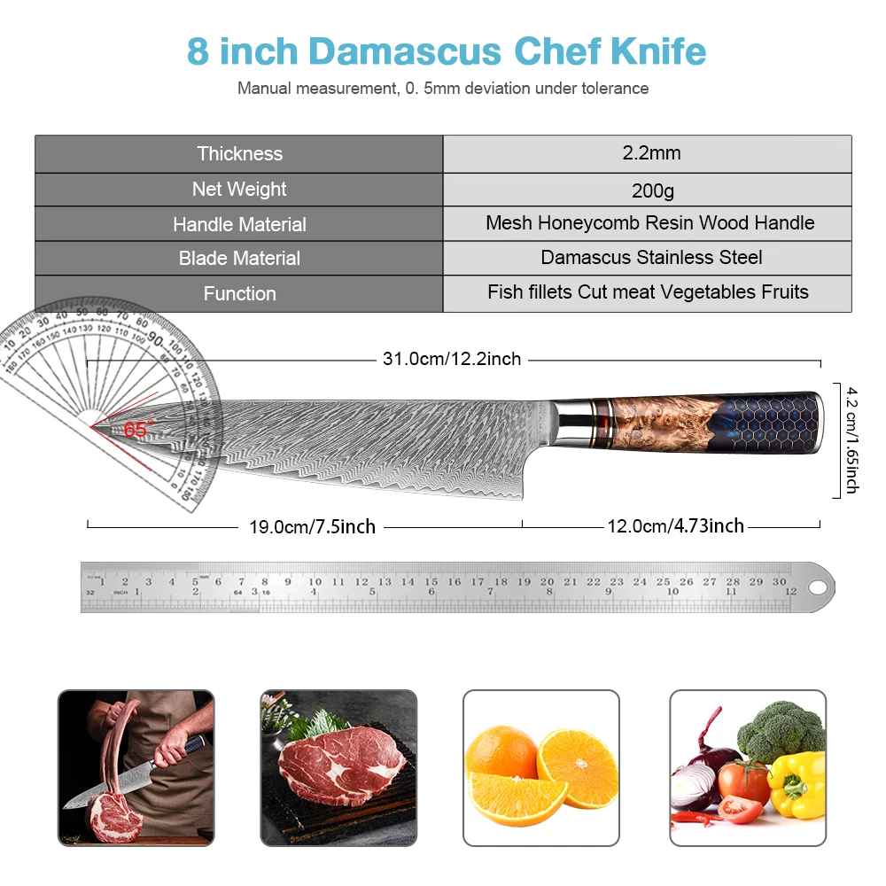 Damascus chef knives, 8 inch professional kitchen knife, beautiful Resin & Wooden Handle chef knife & durable sharp blade