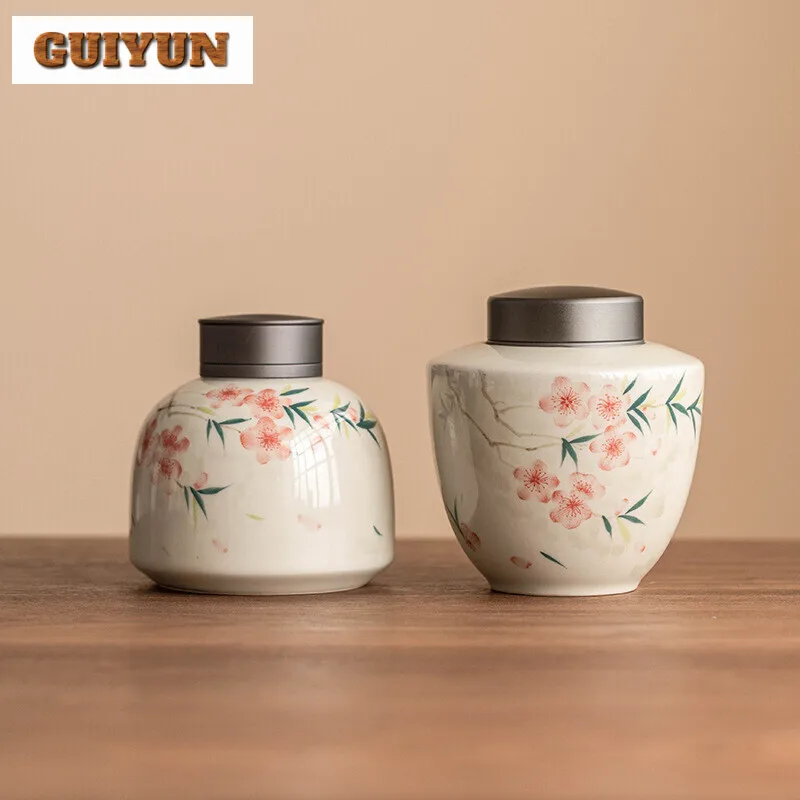 Hand Drawn Peach Blossom Alloy Tea Box Organizer Moisture-proof Storage Tank Box Containers Tea Caddy Chinese Tea Set Ornaments