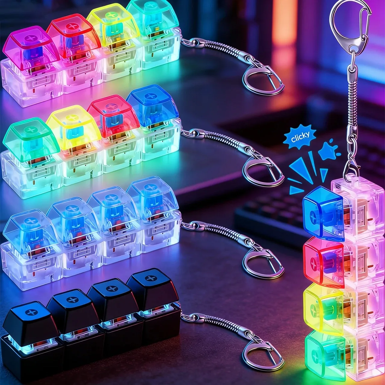 Chaveiro de teclado LED com montagem livre, brinquedo antiestresse, clicker de cristal, brinquedo sensorial, alívio do estresse, chaveiro de teclado para adultos e crianças
