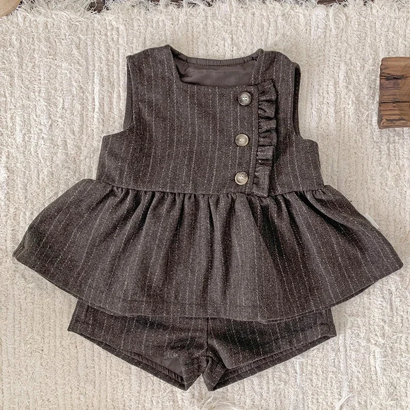 2024 New Autumn Newborn Baby Clothing Suit Korean Style 1-5Yrs Infant Baby Girls Clothing Set Sleeveless Lattice Vest+shorts