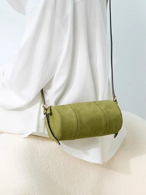 Tas Tangan Kulit Asli E House untuk Wanita, Tas Silinder, Tas Selempang, Tas Empuk, Tas Komuter, Bahan Zinc Alloy, Warna Biru