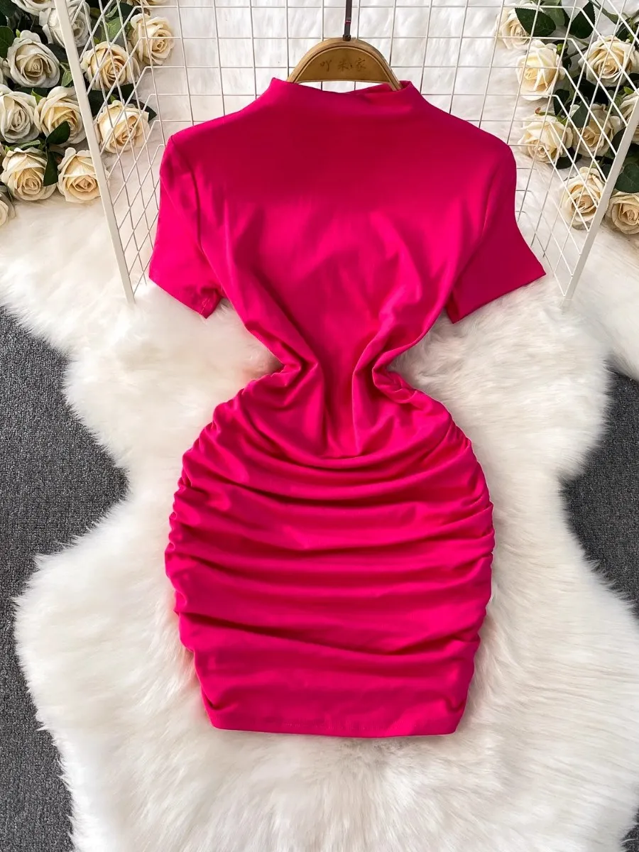 Foamlina Pleated Cinched Waist Slim Fit Dress Women 2025 Summer Chic Solid Color Short Sleeve Sexy Bodycon Mini Tight Dresses