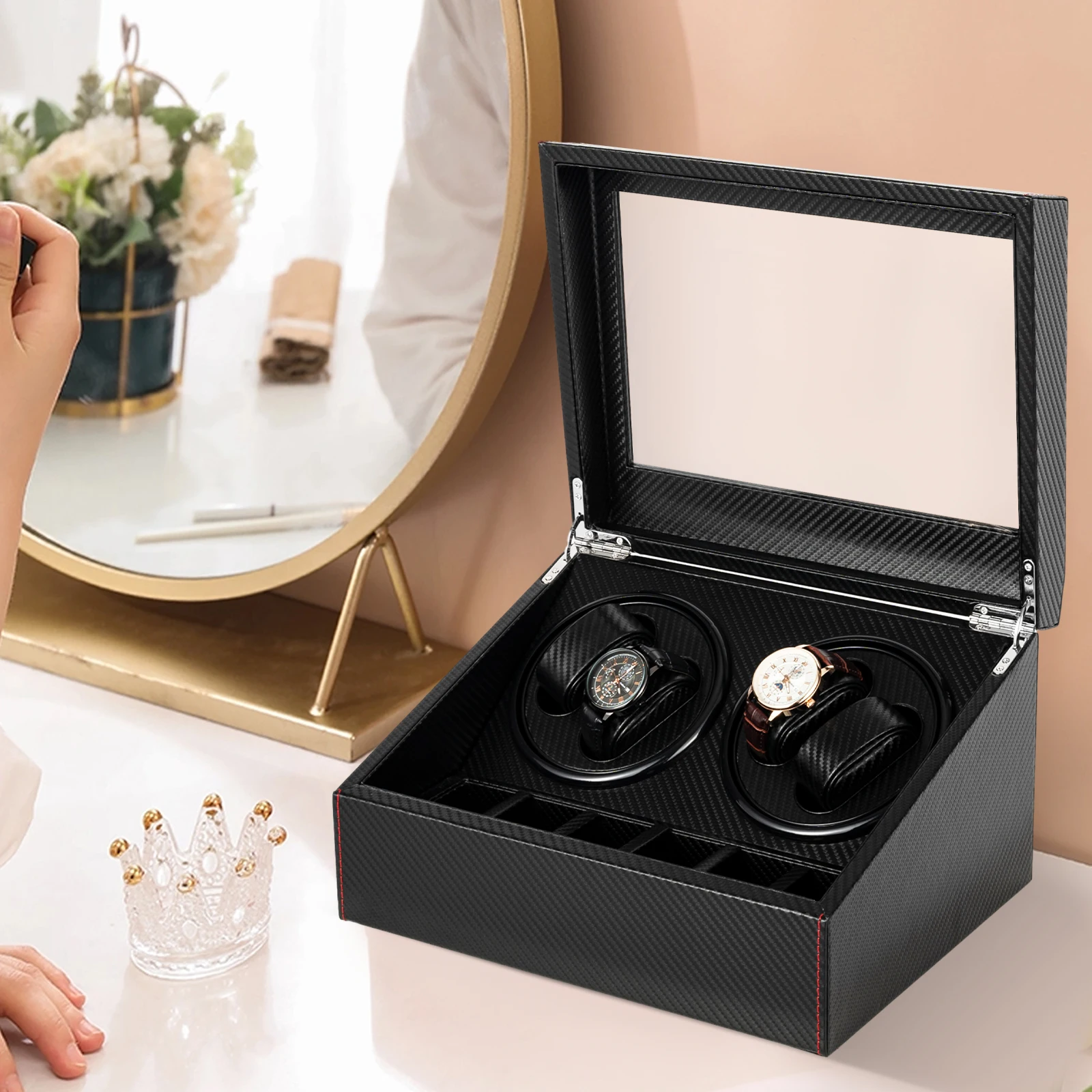 

4+6 0.3A Slot Watch Fiber Storage Box Black Watch Display Stand Desktop Installation Low-noise Watch Box