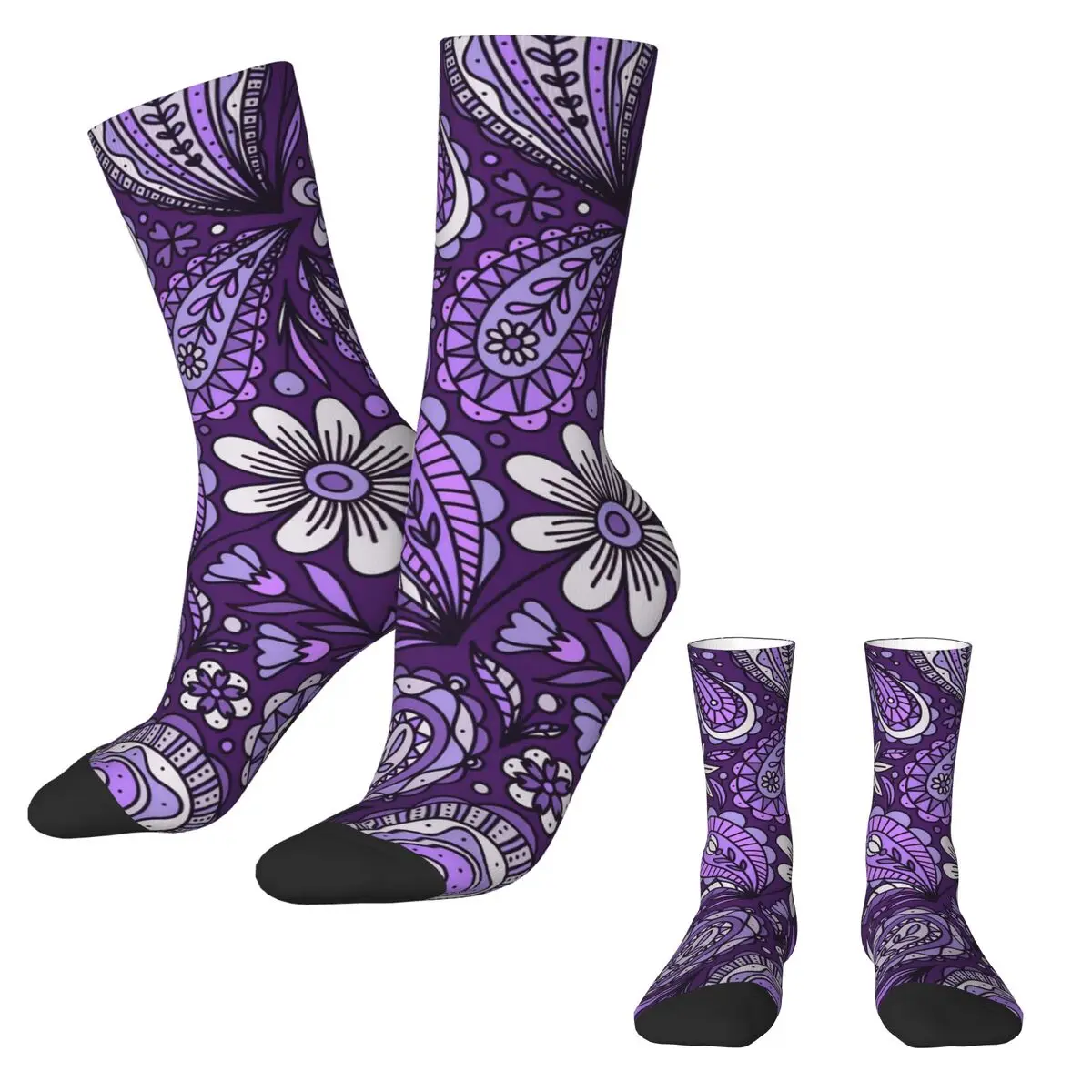 Boho Paisley Socken Weiß und Lila Freizeitstrümpfe Frühling Antibakterielle Paar Socken Atmungsaktive individuelle Laufsportsocken