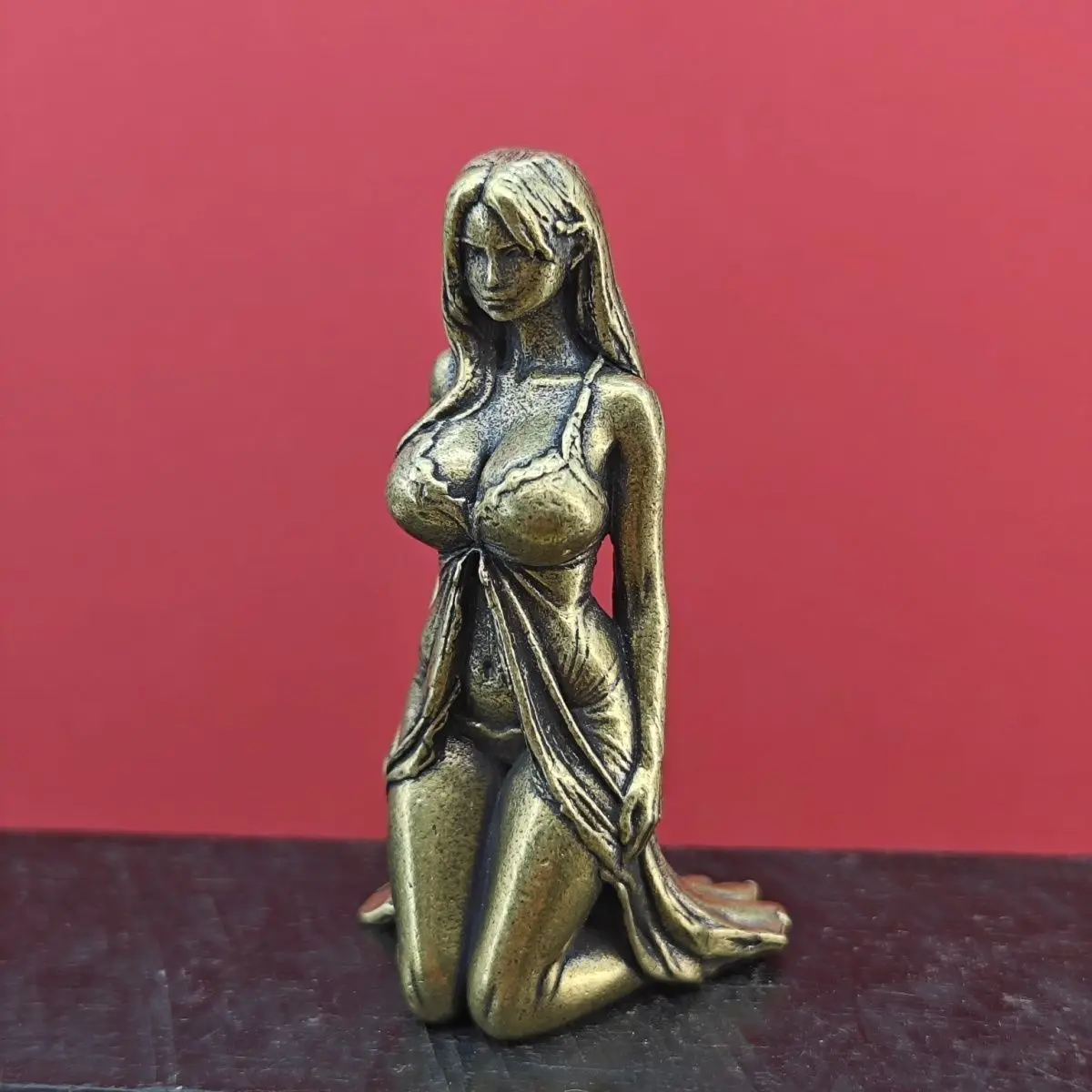 Brass Miniature Anime- Style Female Figurine Decorative Statue for Home & Desk Decor