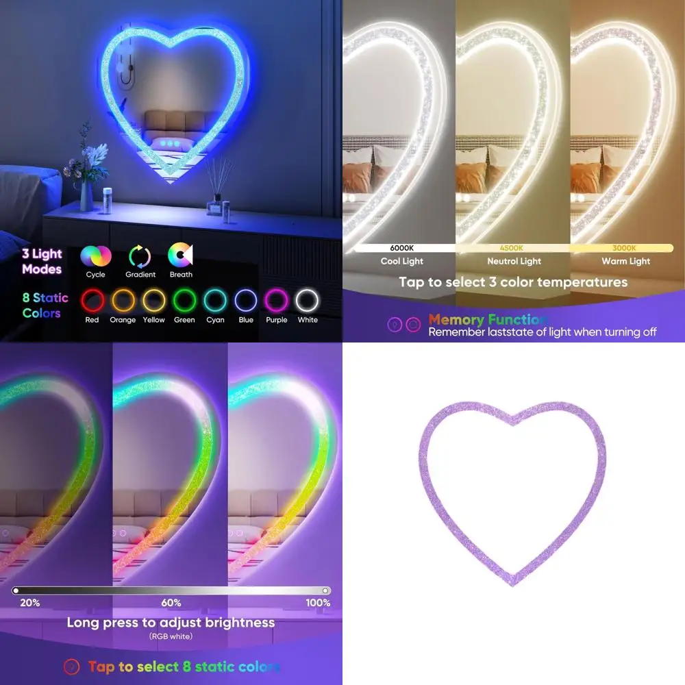 

24x24 Heart-Shaped LED Vanity Mirror with Crushed Diamond, RGBWY Lights, 3 Modes & 7 Colors, Wall-Mountable, Dimmable, Memory Fu
