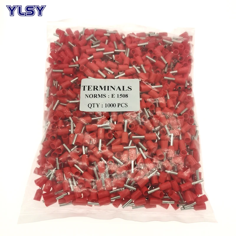1000Pcs Tube Insutated Cord End Crimp Terminals Electrical Wire Cable Connector E1508 Ferrules VE Type Brass 16AWG 1.5mm²