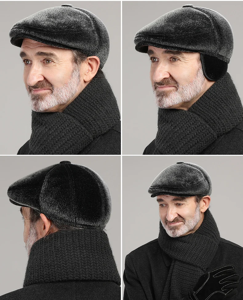 Winter Faux Mink Fur Newsboy Hat With Earflaps Beret Warm for The Elderly Peaked Cap Bonnet for Old Men Flat Gorras Freeshipping